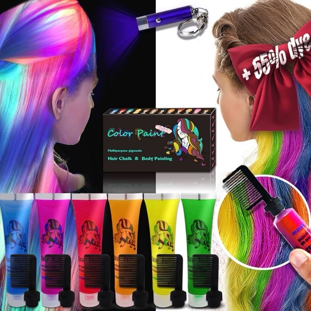 New 6 Color Glow-In-The-Dark Temporary Body Paint & Chalk Hair Dye Comb Set Kit